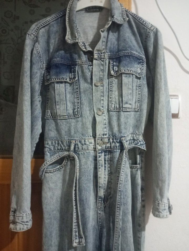 Kadın Gri mavimsi Düğmeli kot tulum - Görsel 2