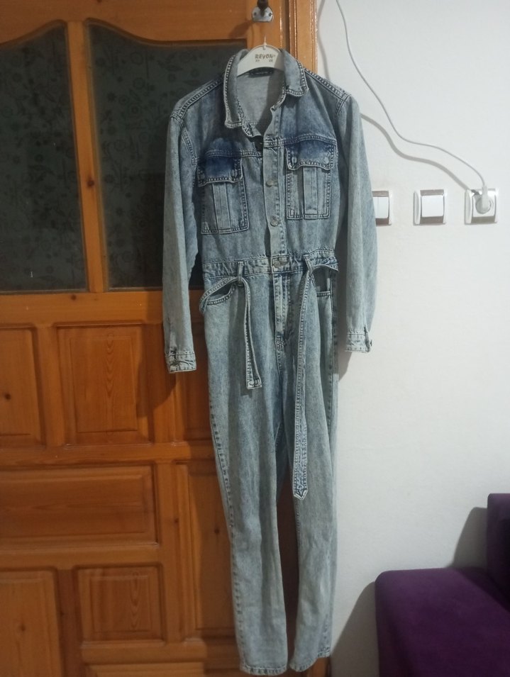 Kadın Gri mavimsi Düğmeli kot tulum - Görsel 4