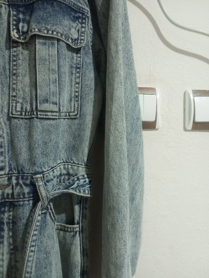 Kadın Gri mavimsi Düğmeli kot tulum - Görsel 3