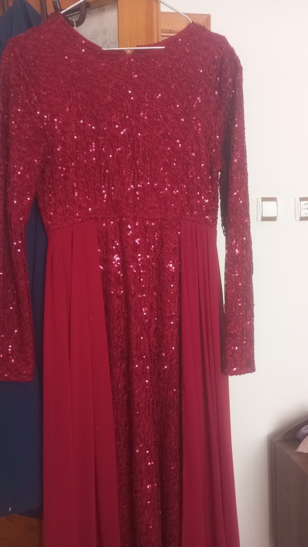 Bordo Uzun Kollu Drapeli Abiye Elbise - Görsel 2