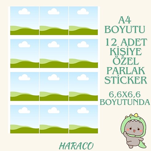 Kişiye özel A4 sticker kağıdına 12 Sticker