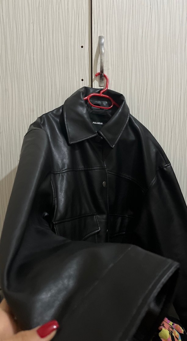 Düğmeli Siyah Deri Kadın Ceket - Görsel 2