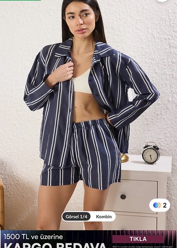 Lacivert Çizgili Pilili Keten Kadın Pijama Takımı - Görsel 2