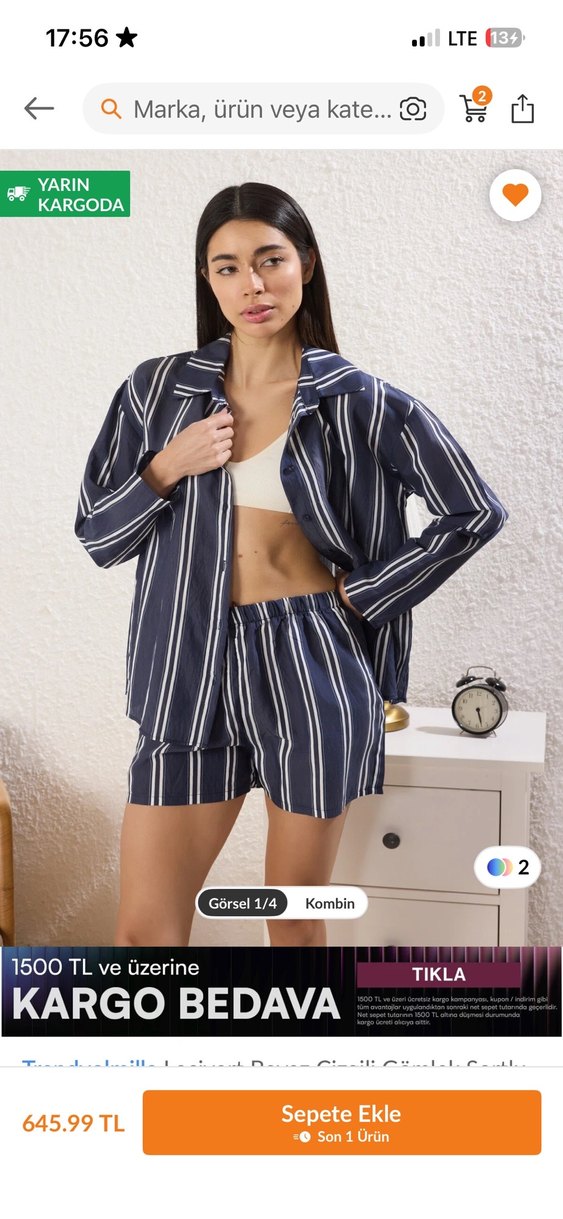 Lacivert Çizgili Pilili Keten Kadın Pijama Takımı - Görsel 2