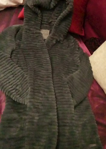 yumoş fitilli kapşonlu cepli uzun ceket - Görsel 2