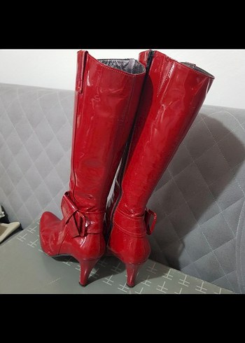 Parlak Kırmızı Tokalı Dizüstü Kadın Çizme - Görsel 8