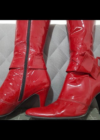 Parlak Kırmızı Tokalı Dizüstü Kadın Çizme - Görsel 6