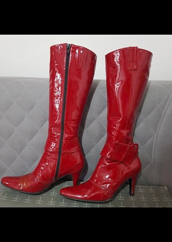 Parlak Kırmızı Tokalı Dizüstü Kadın Çizme - Görsel 4