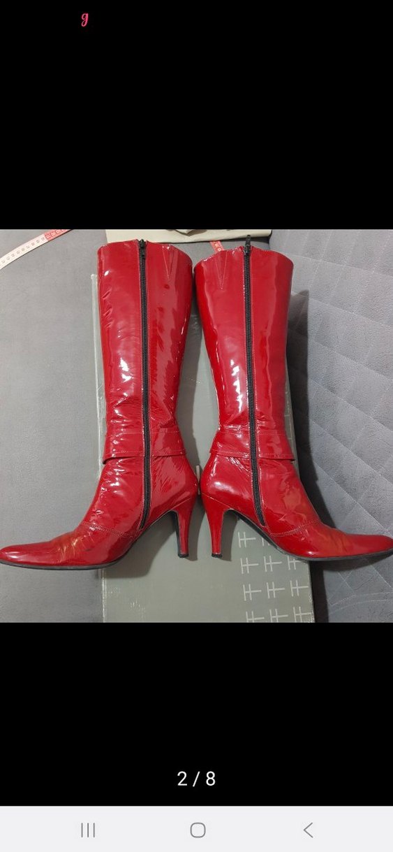 Parlak Kırmızı Tokalı Dizüstü Kadın Çizme - Görsel 2