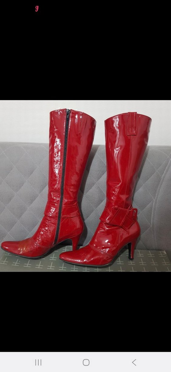 Parlak Kırmızı Tokalı Dizüstü Kadın Çizme - Görsel 4