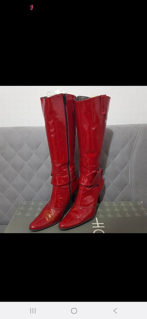 Parlak Kırmızı Tokalı Dizüstü Kadın Çizme - Görsel 3