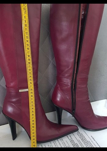 Bordo Deri İnce Topuklu Dizüstü Çizme - Görsel 3