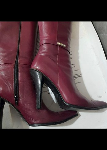 Bordo Deri İnce Topuklu Dizüstü Çizme - Görsel 8