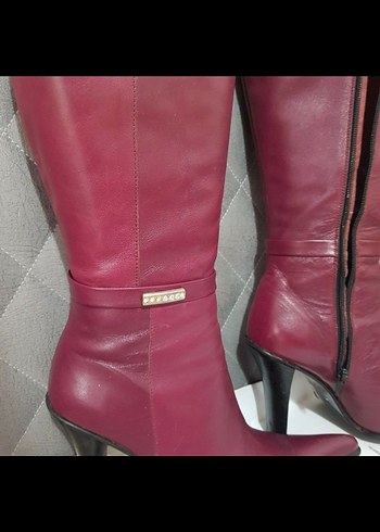 Bordo Deri İnce Topuklu Dizüstü Çizme - Görsel 6