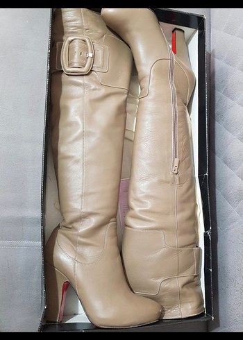 Bej Deri Tokalı Dizüstü Topuklu Çizme - Görsel 8
