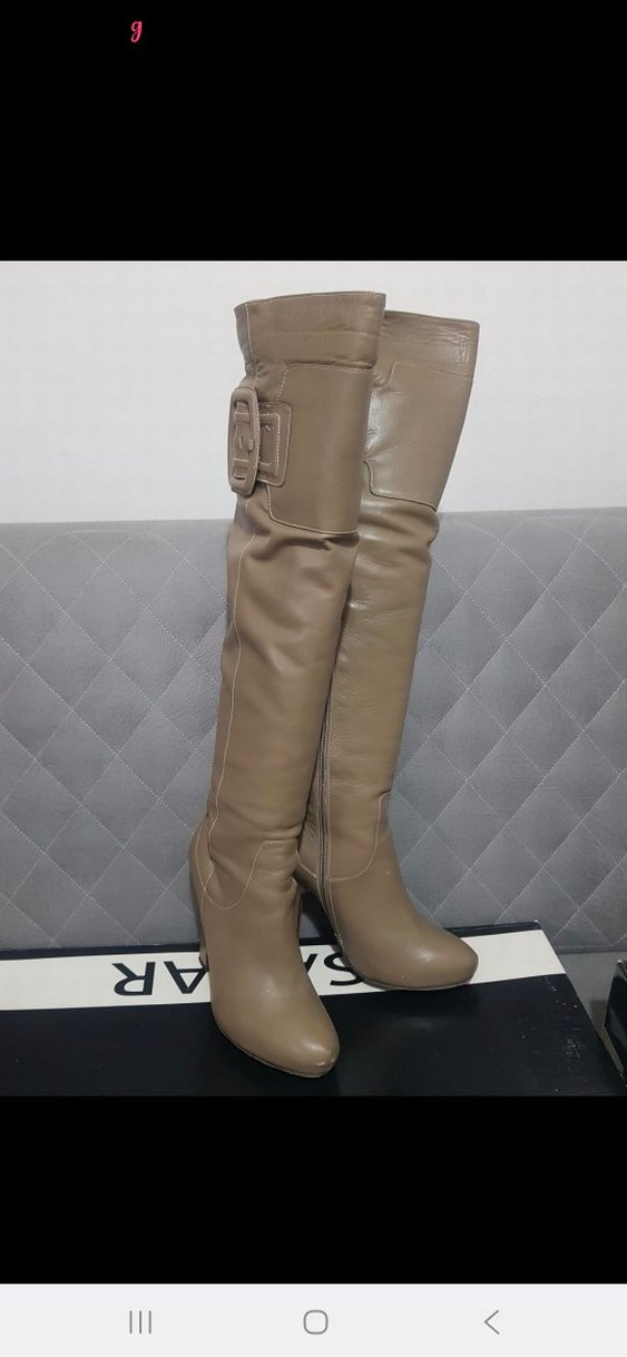 Bej Deri Tokalı Dizüstü Topuklu Çizme - Görsel 2