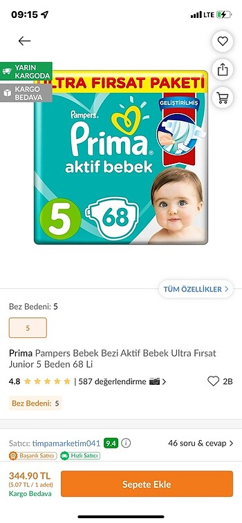 5 Beden: 11-25 kg Beden Prima aktif bebek 5 beden