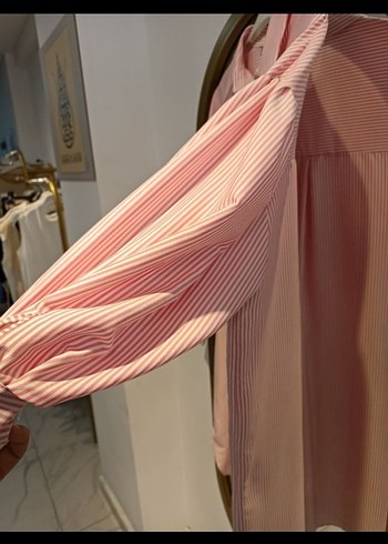 sadce 1 defa giyldi Pembe Çizgili Uzun balon Kollu Kadın Gömlek - Görsel 2