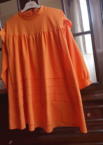 Turuncu Keten Pilili Midi Kadın Tunik - Görsel 5