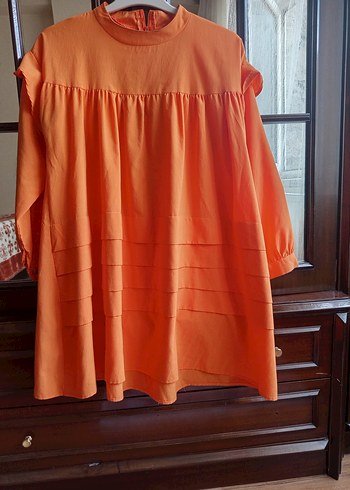 Turuncu Keten Pilili Midi Kadın Tunik - Görsel 2