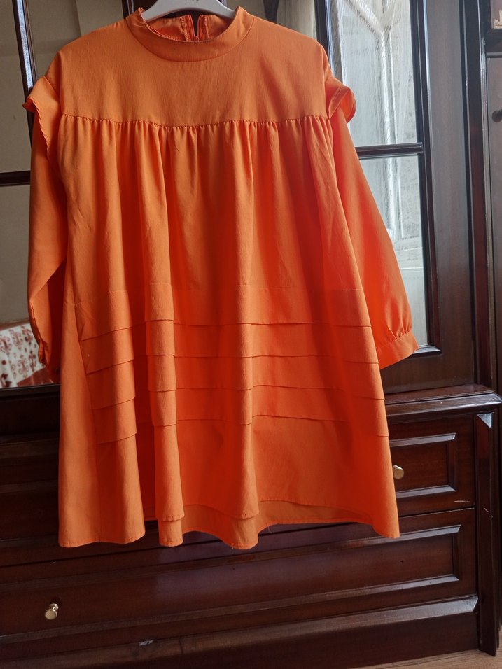 Turuncu Keten Pilili Midi Kadın Tunik - Görsel 4