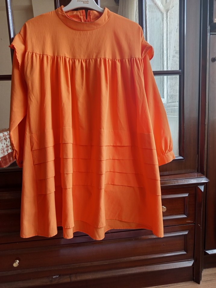 Turuncu Keten Pilili Midi Kadın Tunik - Görsel 3