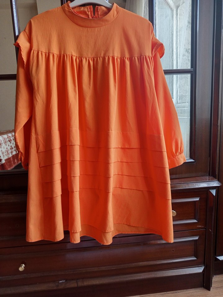 Turuncu Keten Pilili Midi Kadın Tunik - Görsel 2