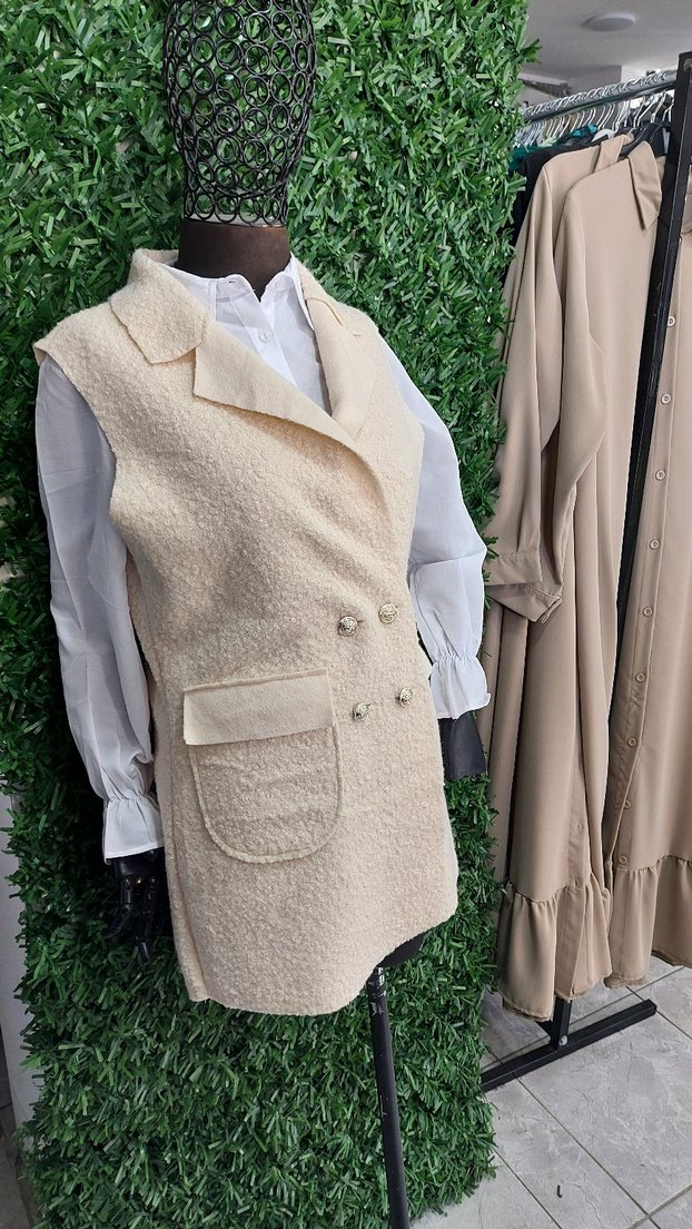 Düğmeli Krem Kısa Kadın Yelek - Görsel 2