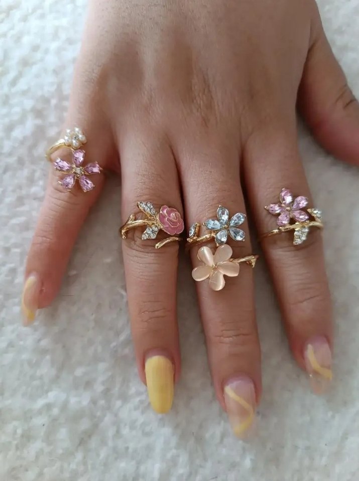 Pembe Çiçekli Taşlı Kadın Yüzük Seti - Görsel 2