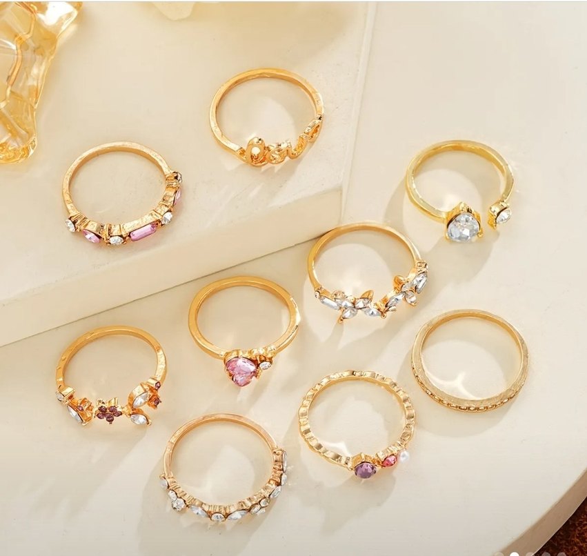 9 adet Altın Renkli Çiçekli Payetli Kadın Yüzük Seti - Görsel 2