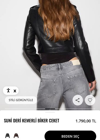 Suni Deri Kemerli Mini Biker Ceket - Görsel 2