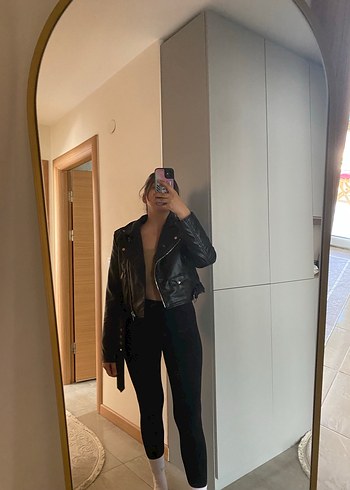 Suni Deri Kemerli Mini Biker Ceket - Görsel 5