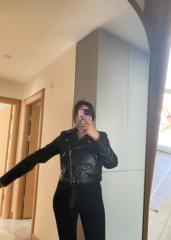 Suni Deri Kemerli Mini Biker Ceket - Görsel 6