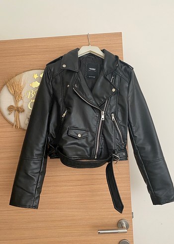 Suni Deri Kemerli Mini Biker Ceket - Görsel 3