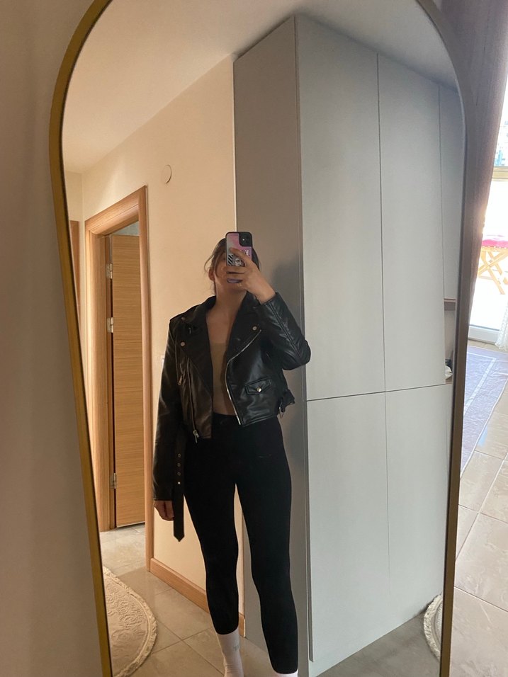 Suni Deri Kemerli Mini Biker Ceket - Görsel 5