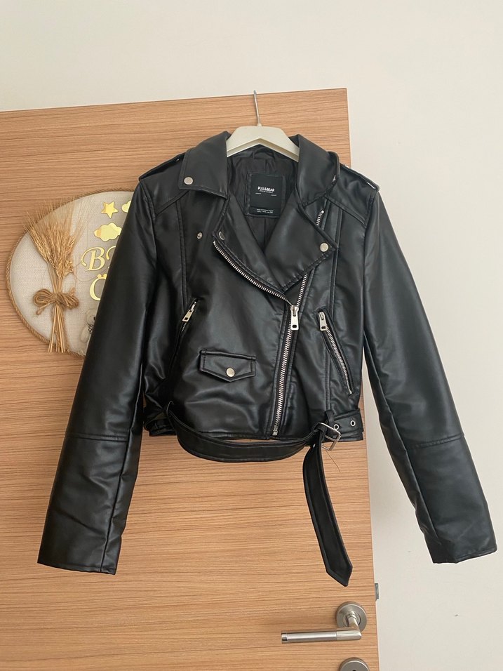 Suni Deri Kemerli Mini Biker Ceket - Görsel 3