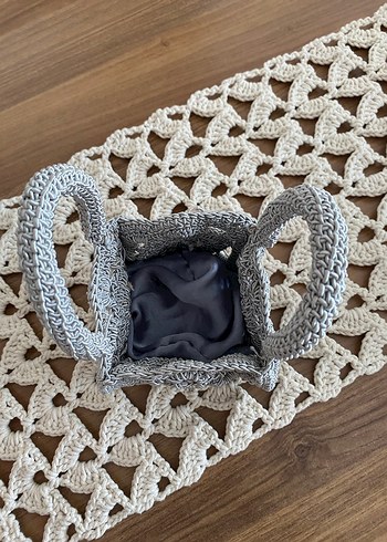 Gri Nakışlı Örgü Bohem Kadın Çanta - Görsel 3