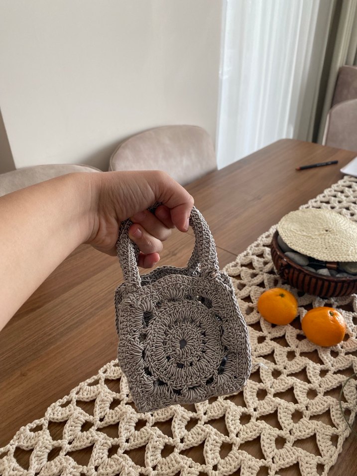Gri Nakışlı Örgü Bohem Kadın Çanta - Görsel 4
