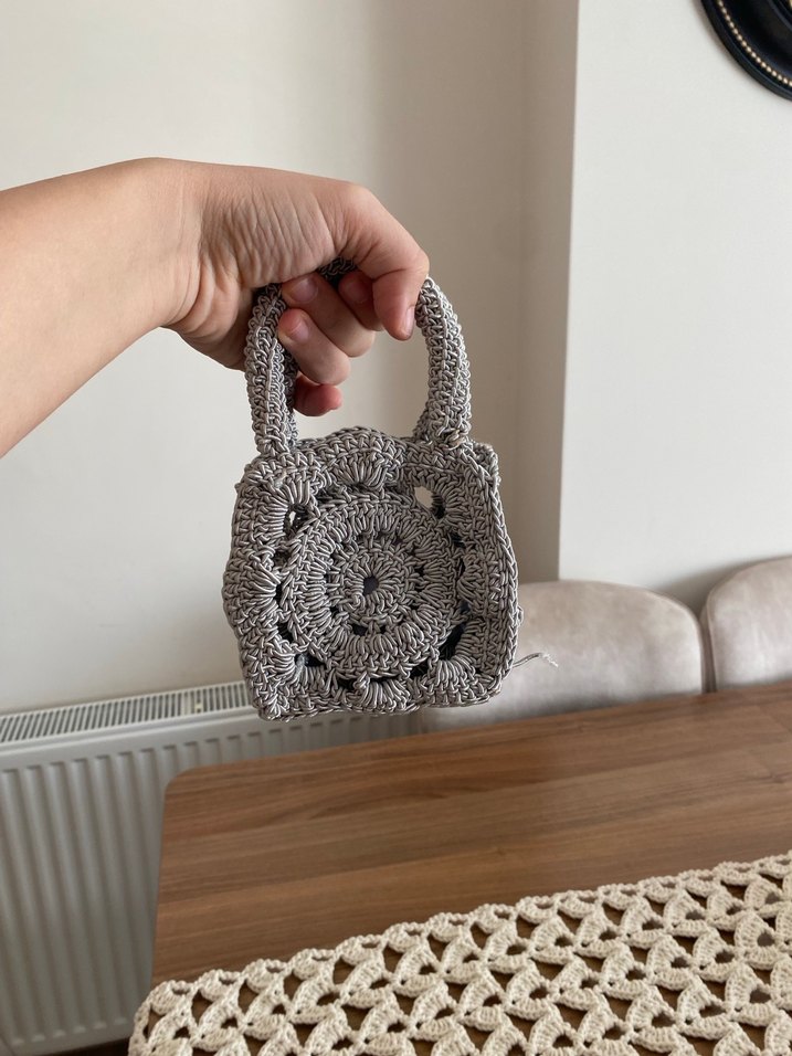 Gri Nakışlı Örgü Bohem Kadın Çanta - Görsel 2