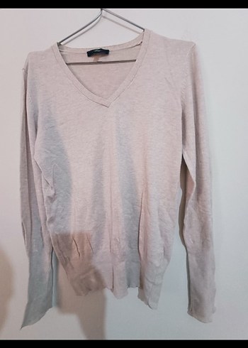 Bej V Yaka Uzun Kollu Kadın Triko - Görsel 4