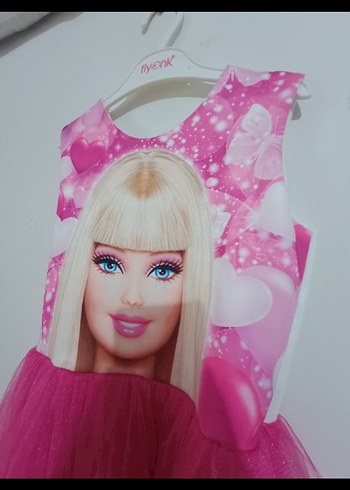 Kız Çocuk Pembe Barbie Desenli Tüllü Elbise - Görsel 3