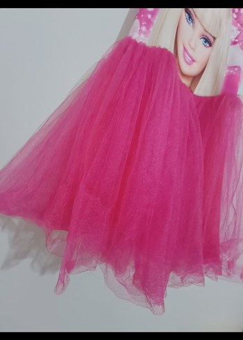 Kız Çocuk Pembe Barbie Desenli Tüllü Elbise - Görsel 2