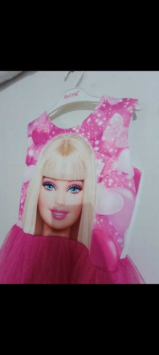 Kız Çocuk Pembe Barbie Desenli Tüllü Elbise - Görsel 3