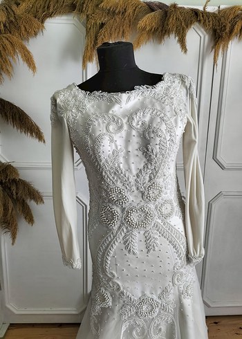 Uzun Kollu Beyaz Balık Abiye Gelinlik - Görsel 2