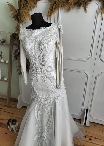 Uzun Kollu Beyaz Balık Abiye Gelinlik - Görsel 4