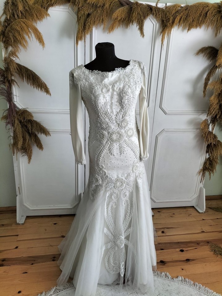 Uzun Kollu Beyaz Balık Abiye Gelinlik - Görsel 3