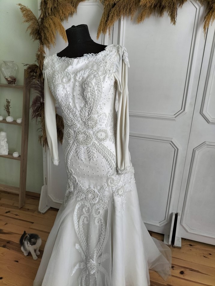 Uzun Kollu Beyaz Balık Abiye Gelinlik - Görsel 4