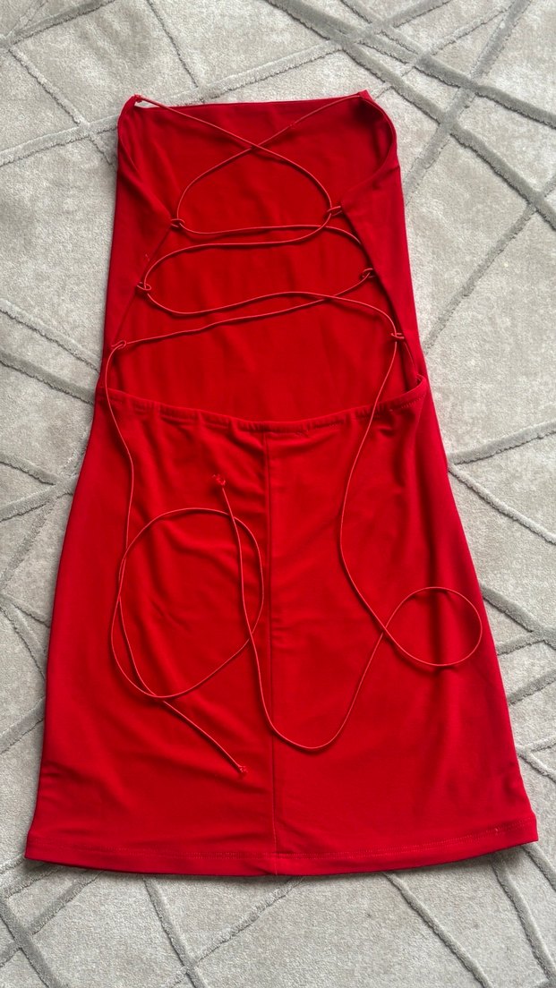 Kırmızı İnce Askılı Mini Elbise - Görsel 3