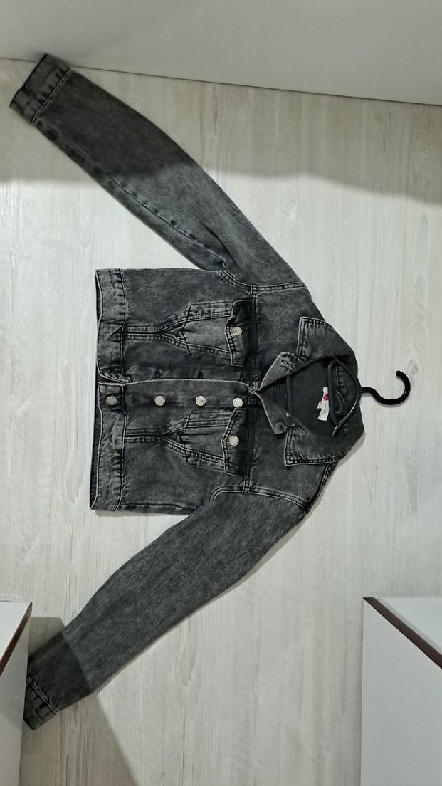 Gri Mini Denim Ceket - Görsel 3