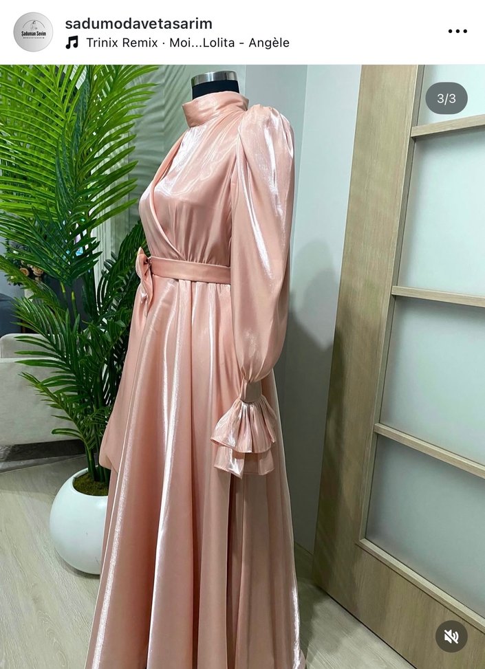 Bej Parlak Uzun Kadın Abiye Elbise - Görsel 3